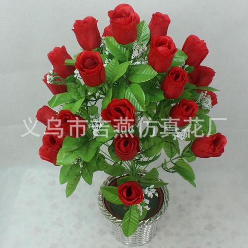 24头果绿枝多情玫瑰蕾绢花 高档外贸仿真花厂 义乌花卉批发定做